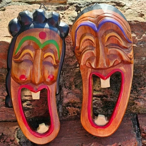 Vtg Comical Korean Hand Carved & Painted Hahoe Tal and Talchum Wood Masks 8 inch - Picture 1 of 7